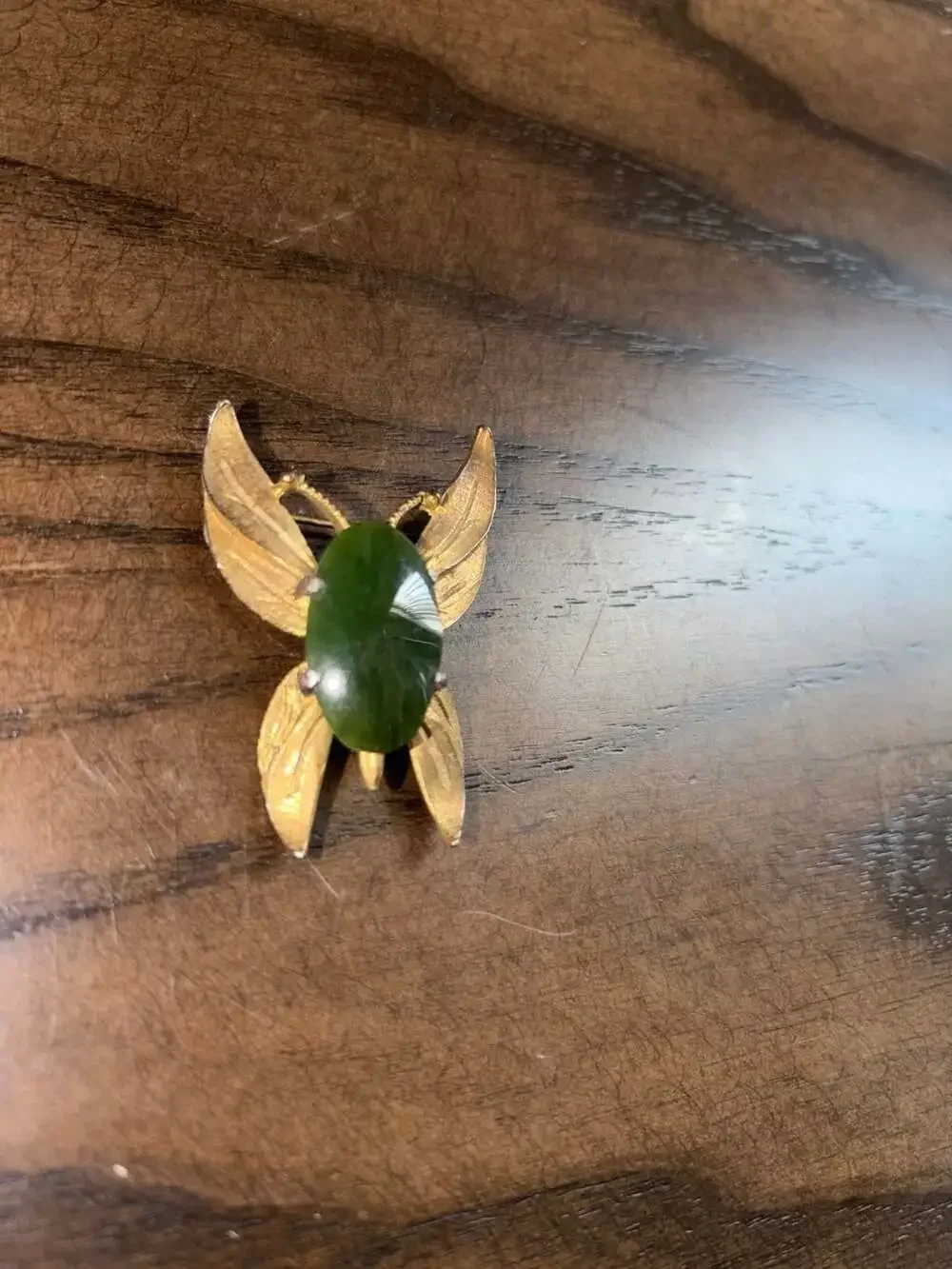 Vintage 1960s Gold Tone Butterfly Brooch with Nephrite Stone